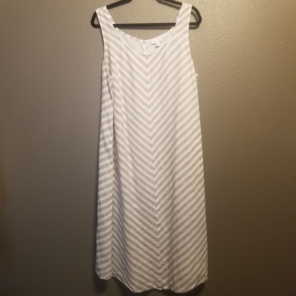J.JILL XL Petite Dress 100% Linen Striped Beige Boho Beach Coastal Lagenlook